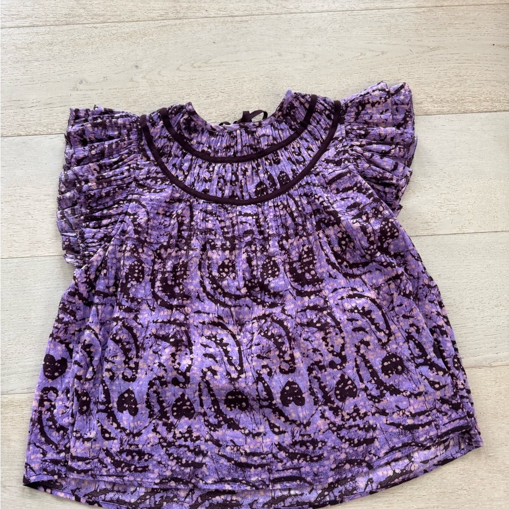 ULLA JOHNSON Amai Blouse Purple Batik Top Size 4 Small Flutter Sleeve Boxy - Picture 6 of 11